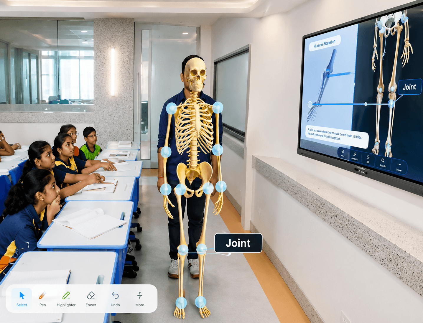 Student and teacher exploring a 3D human skeleton model in XR
